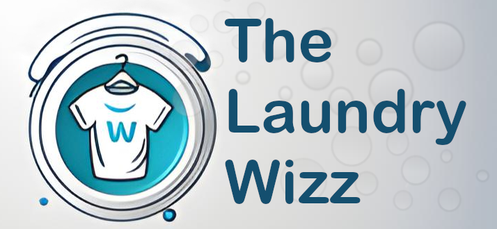 LaundryWizz banner with bold blue text surrounded by light blue soap suds, evoking cleanliness and fun.